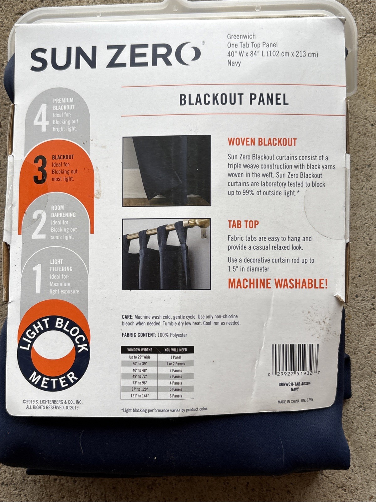 SUN ZERO BLACKOUT Window Panel 40”W x 84”L Navy