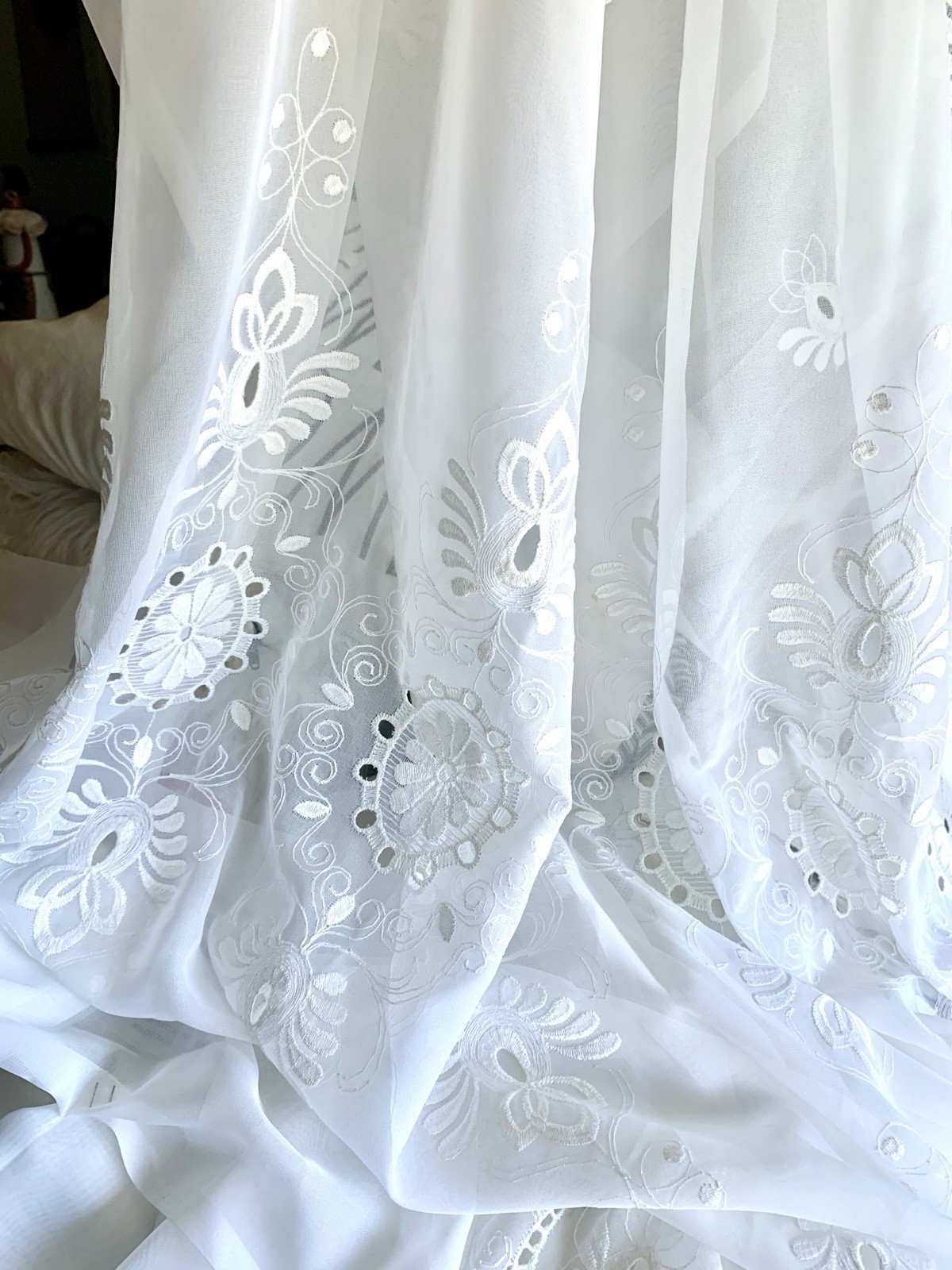 Vtg Made In France By France Voile Curtain Panel Cutwork Embroidered 58” X 78”