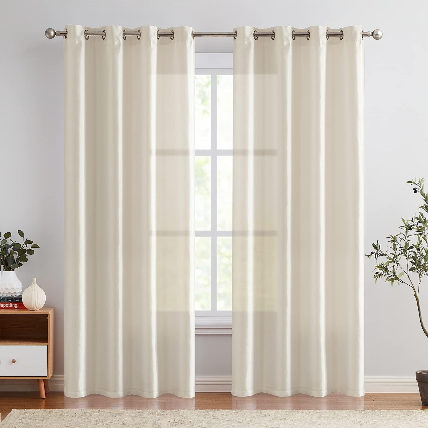 LAZZZY LIGHT GOLD FAUX SILK GROMMET Window Curtains 2 PANELS (W 54″ X L 95″).