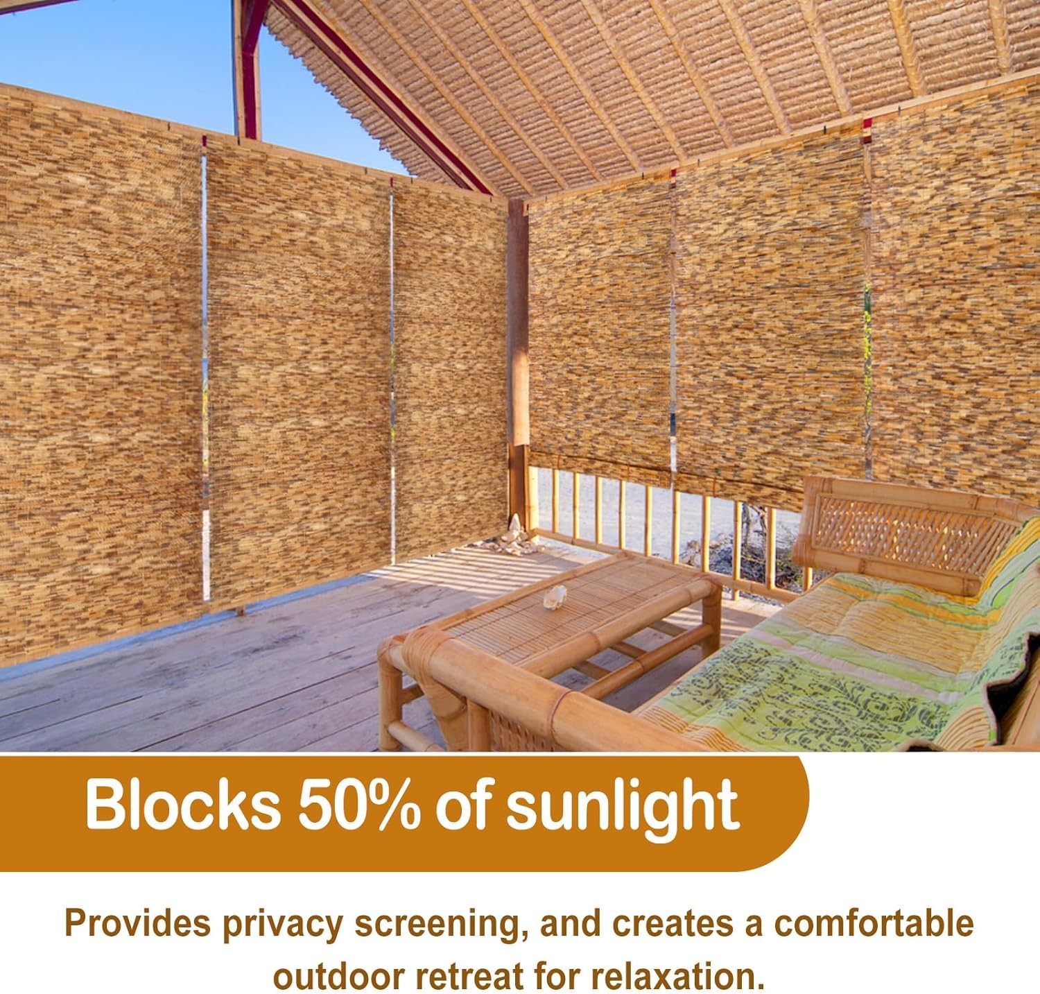 3 Pcs Bamboo Shades Outdoor Reed Roll Up Blinds 48″ W x 72″ H Blackout Sunshade