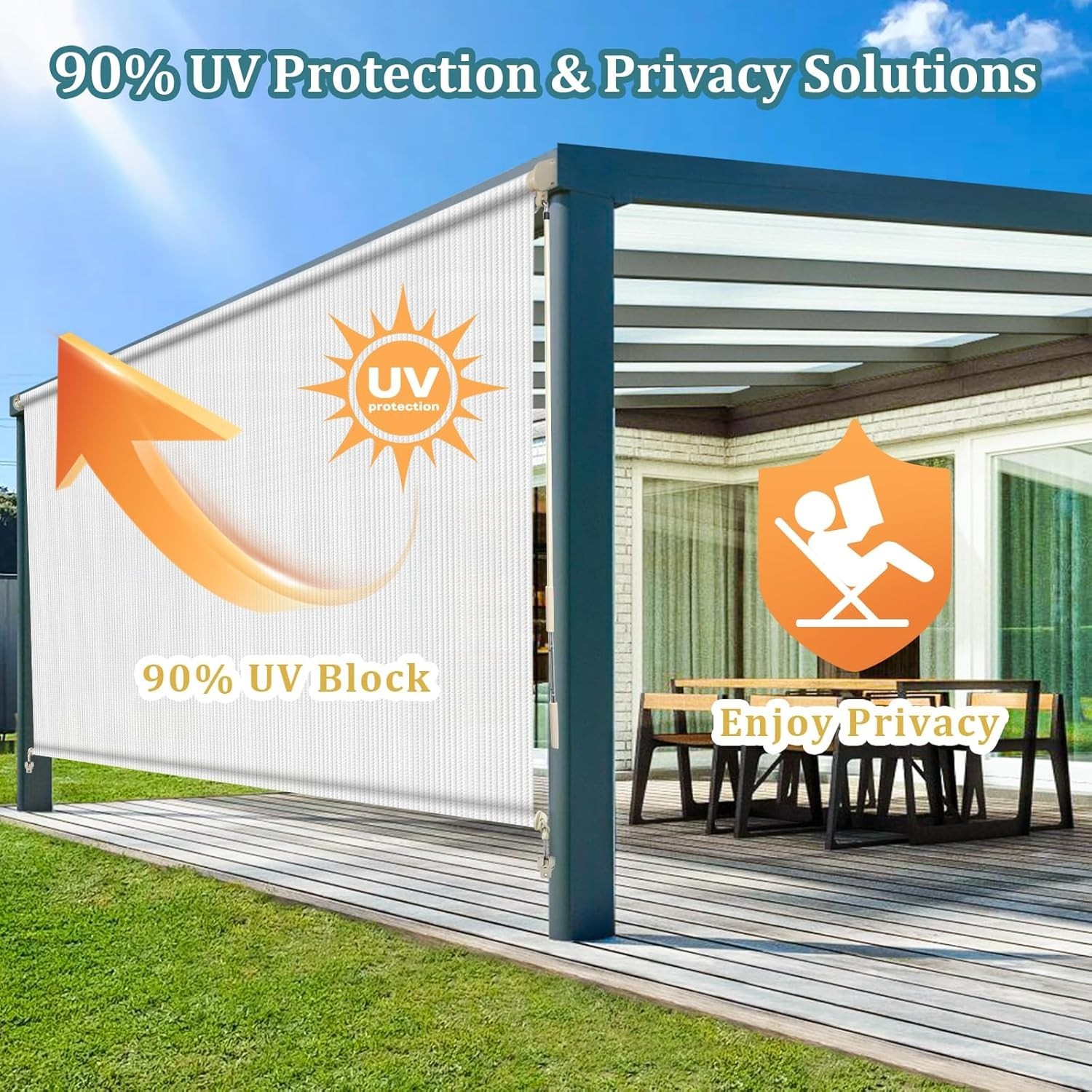 UV-Blocking 10′ W x 8′ H White Roller Shades for Privacy on Patios & Gazebos