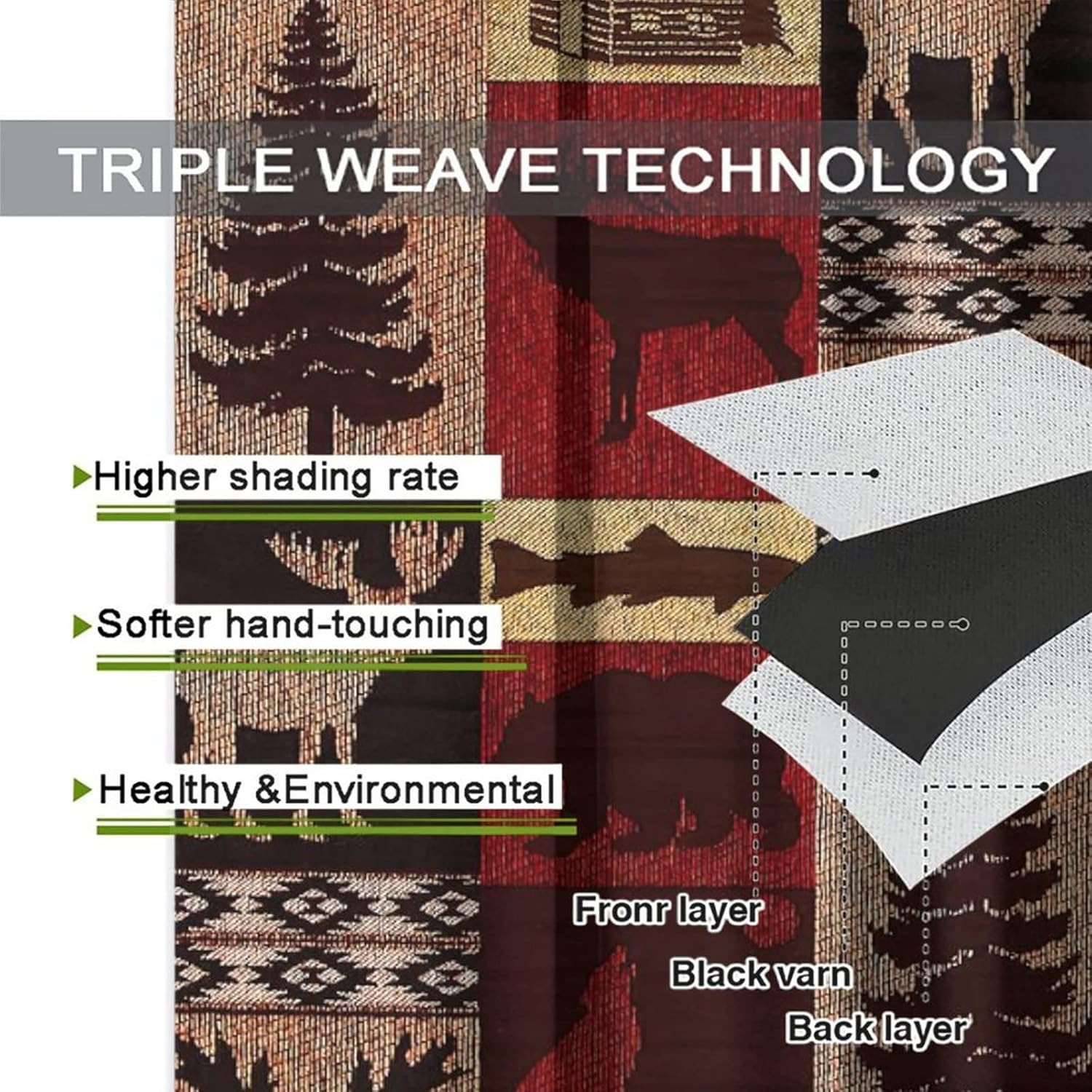 Rustic Cabin Blackout Curtains, Moose Bear Elk Plaid, 2 Panels 84×42