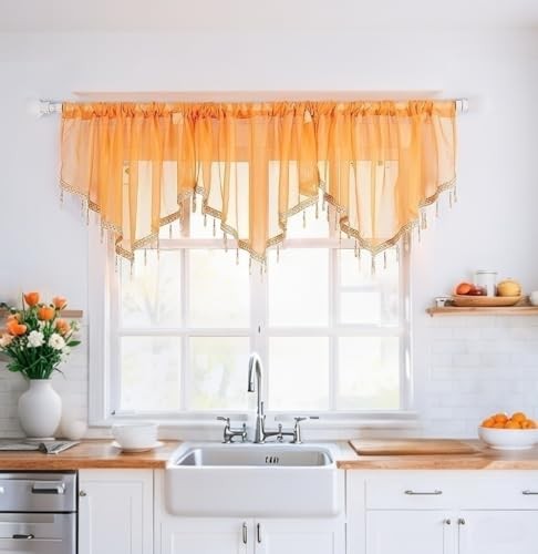 Beaded Sheer Curtain Valances for Kitchen 51″W x 24″L (Pack of 3) Orange