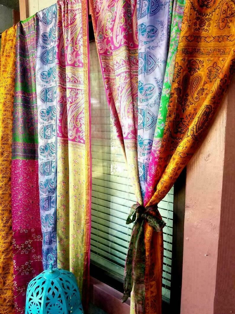 2Pc Indian Old Recycle Silk Saree Boho Multi Curtain Door Drape Decor Curtain