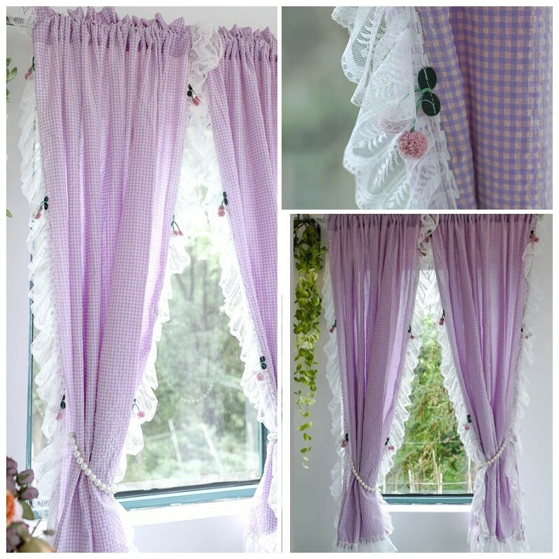 1 Panel Lace Checked Curtains Balcony Short Curtain Rod Pocket Light Filtering