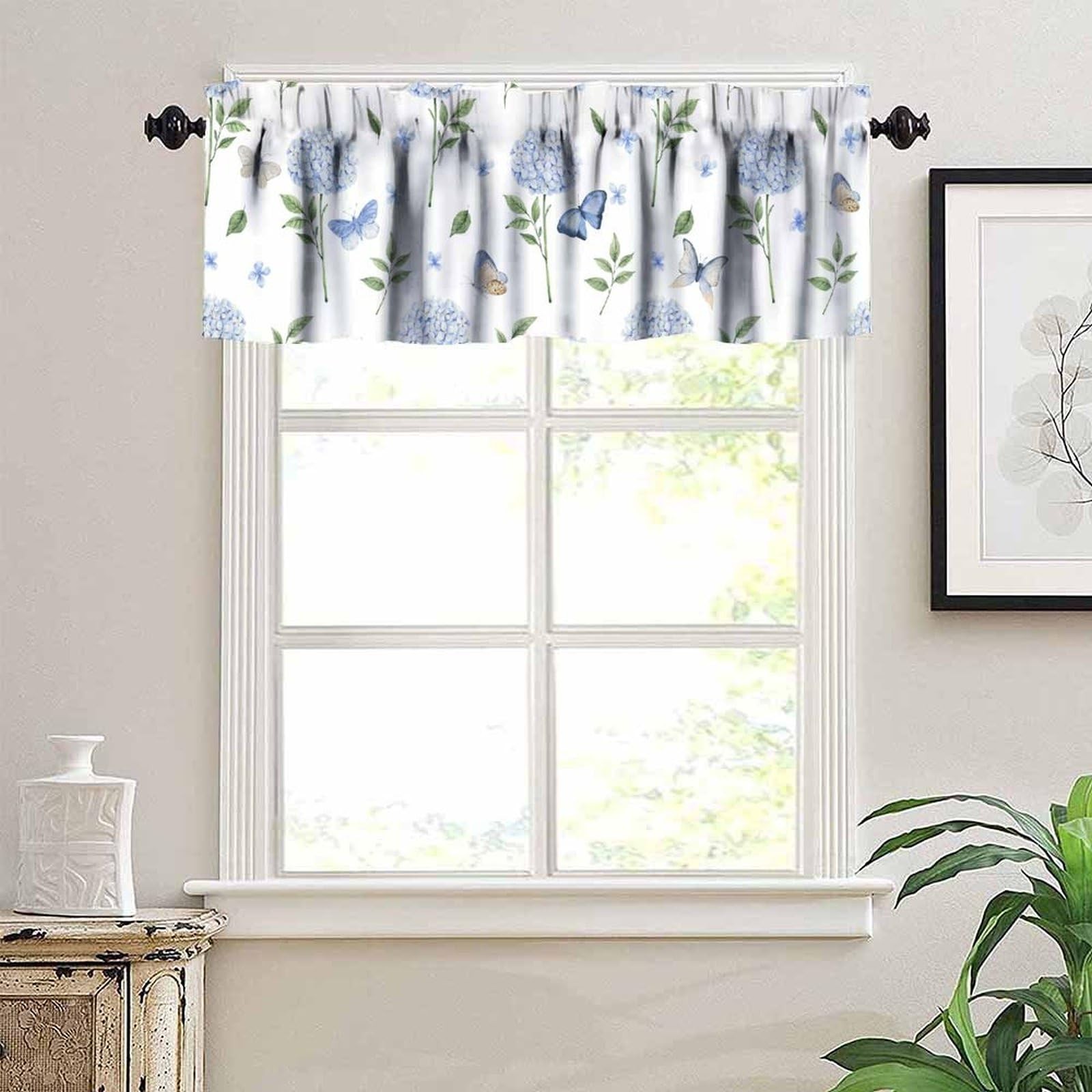 Blue Hydrangea Valance Curtains, Spring Summer Flower Butterfly Rod Pocket Sm…