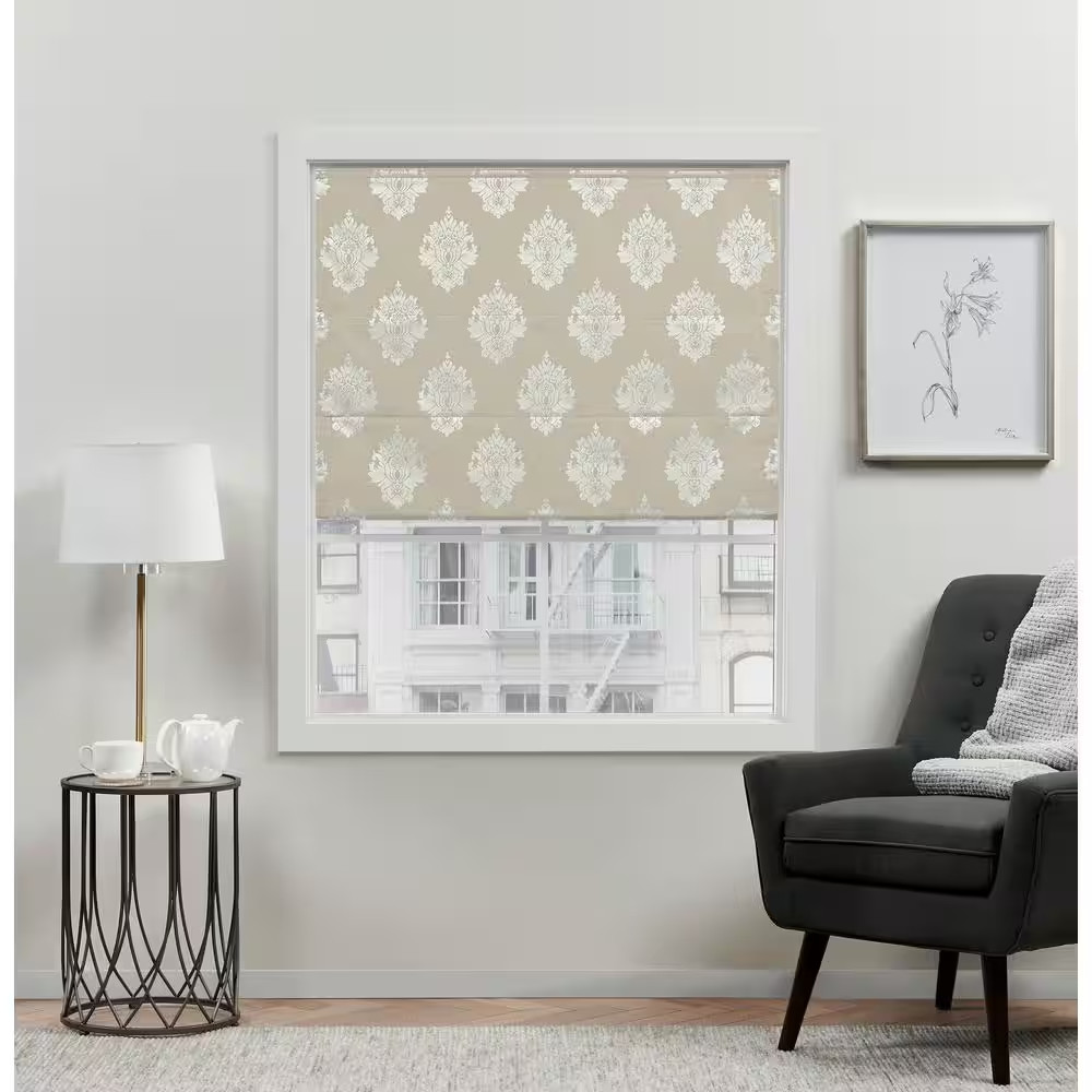 Marseilles Damask Natural Cordless Total Blackout Polyester Roman Shade 27 In. W