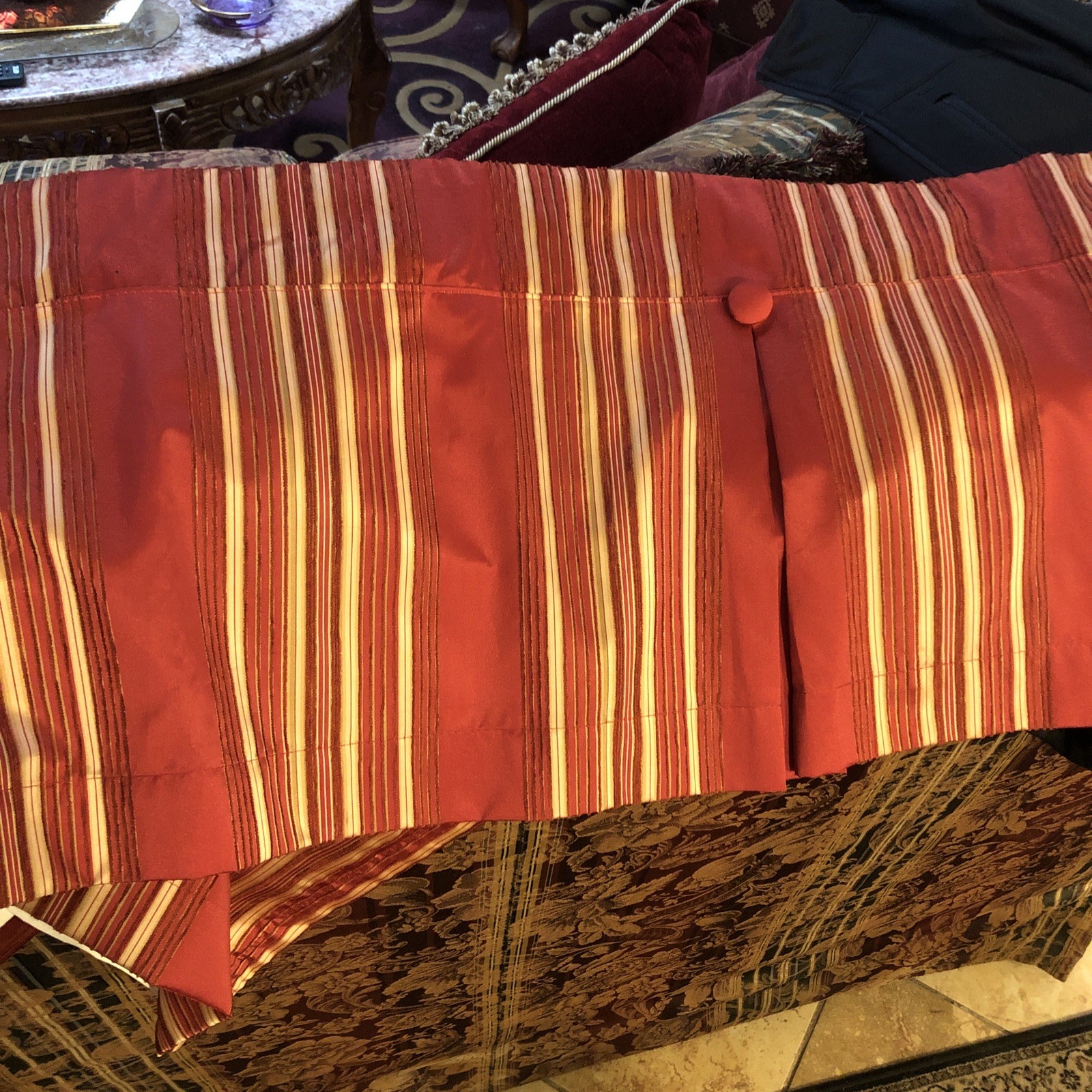 2 Waverly Red Gold Faux Silk Chenille Stripe Valances Tailored Button 52×15 each