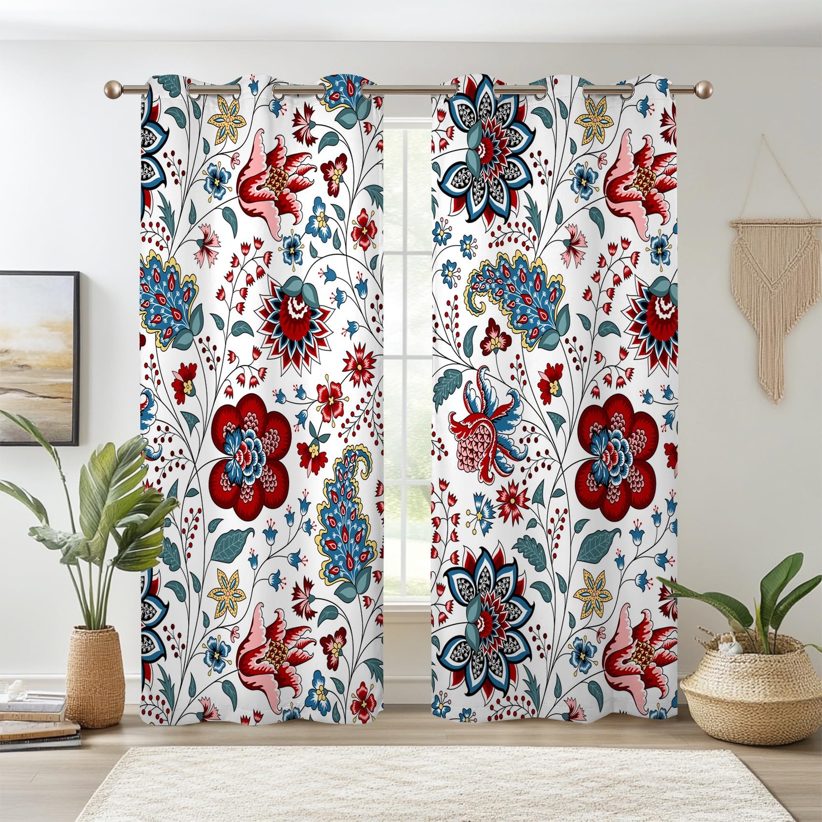 Renaiss Boho Floral Blackout Curtains Bohemian Flower Plant Print Thermal