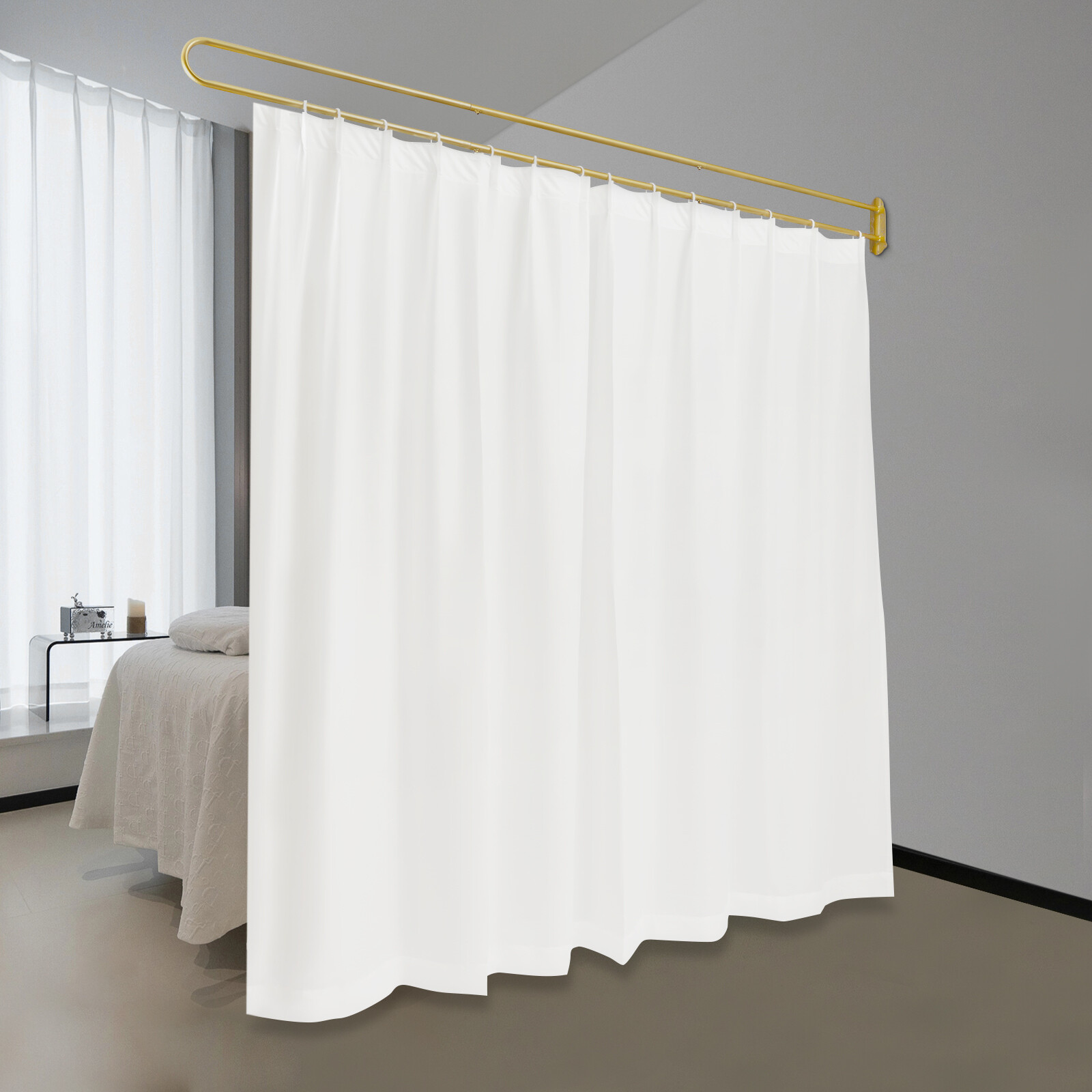 White Partition Curtain With U-Shape Tube Privacy Partition Curtain Room Divider