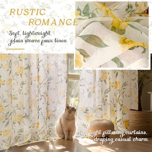 Floral Sheer Curtains for Windows, Short Semi 30″W x 36″L (Pack of 2) Yellow