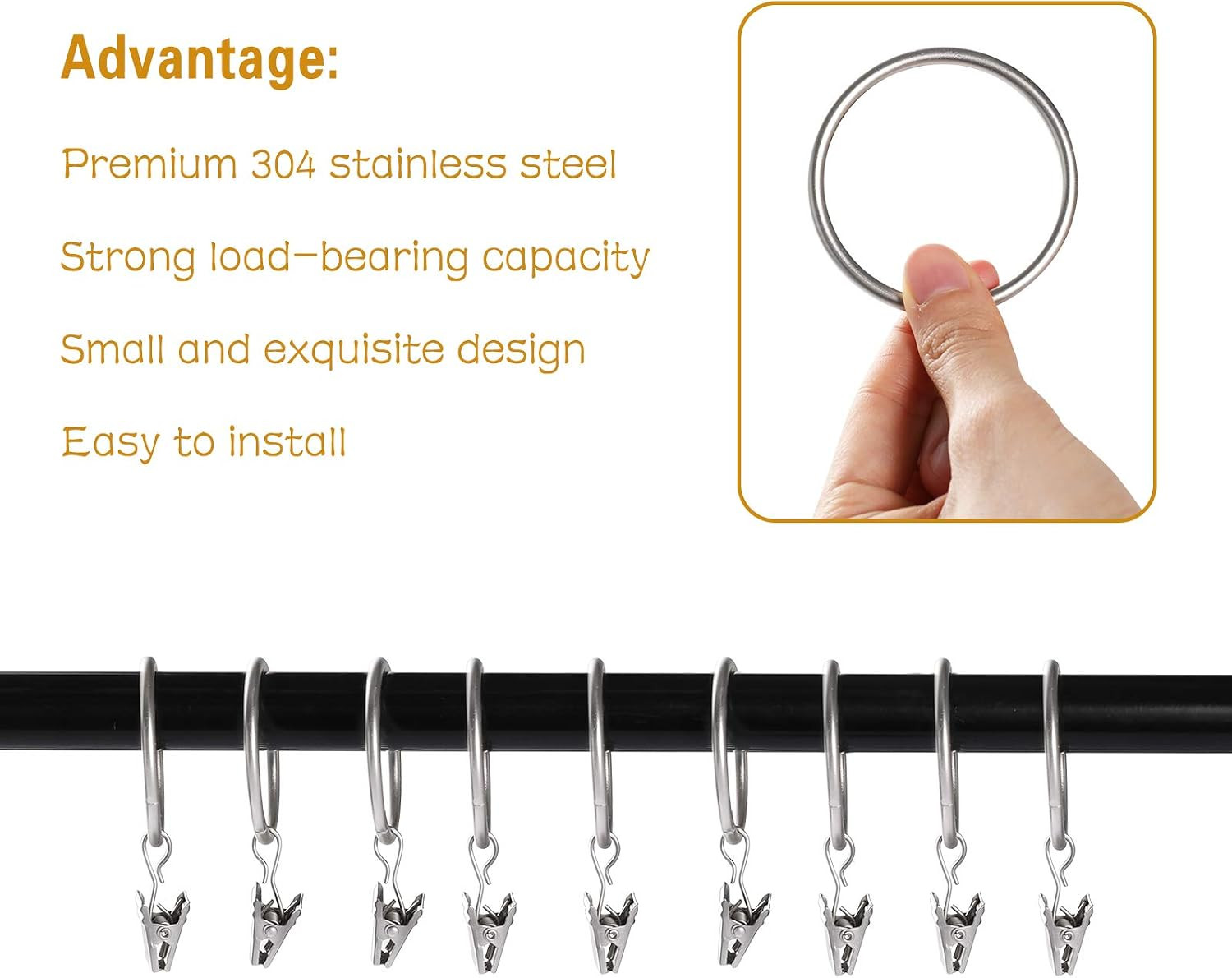 44 Pack Curtain Rings with Clips Hooks 1.5 Inch Rustproof Matte Metal Stainless