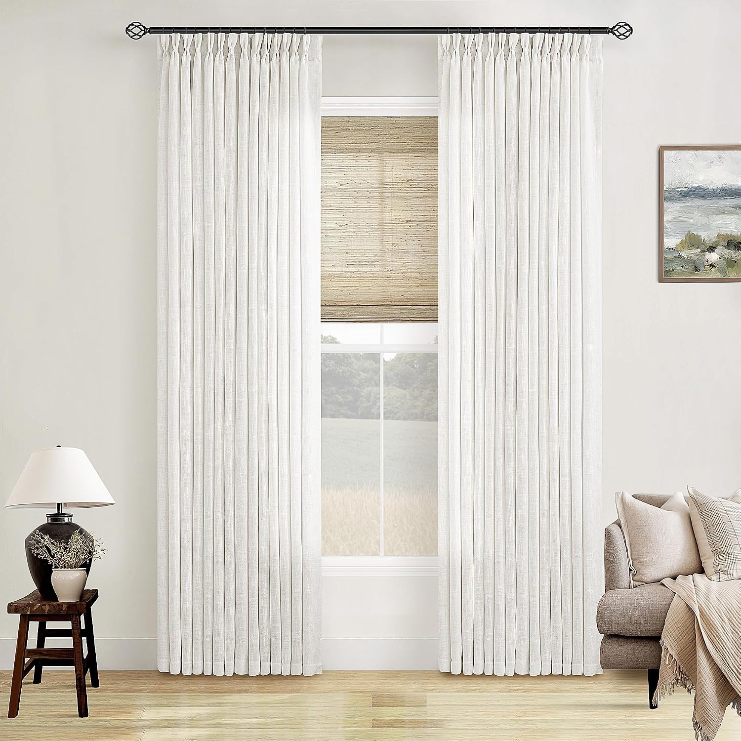 Beige White Pinch Pleated Linen Curtains 2 Panels 105 Inches Long for Living Roo