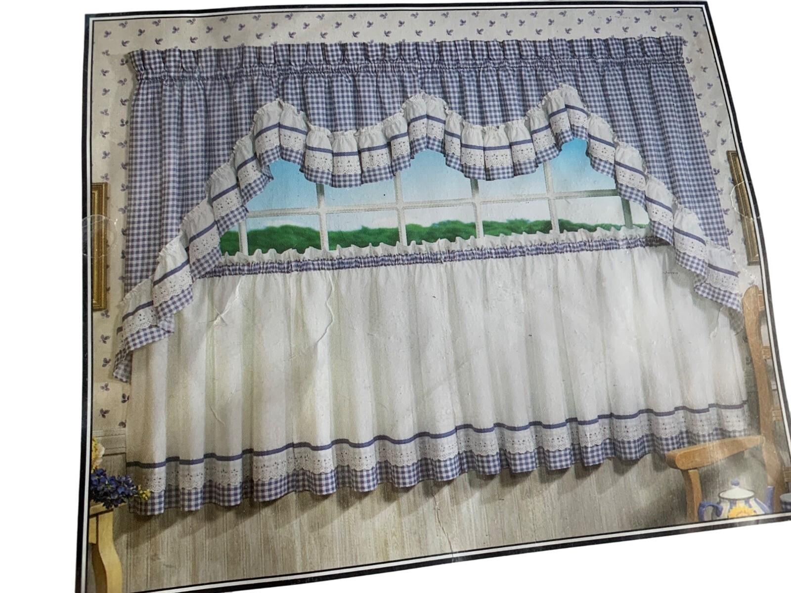 Green Gingham Tailored Tiers Curtain Set 60″ w x 24″ L New