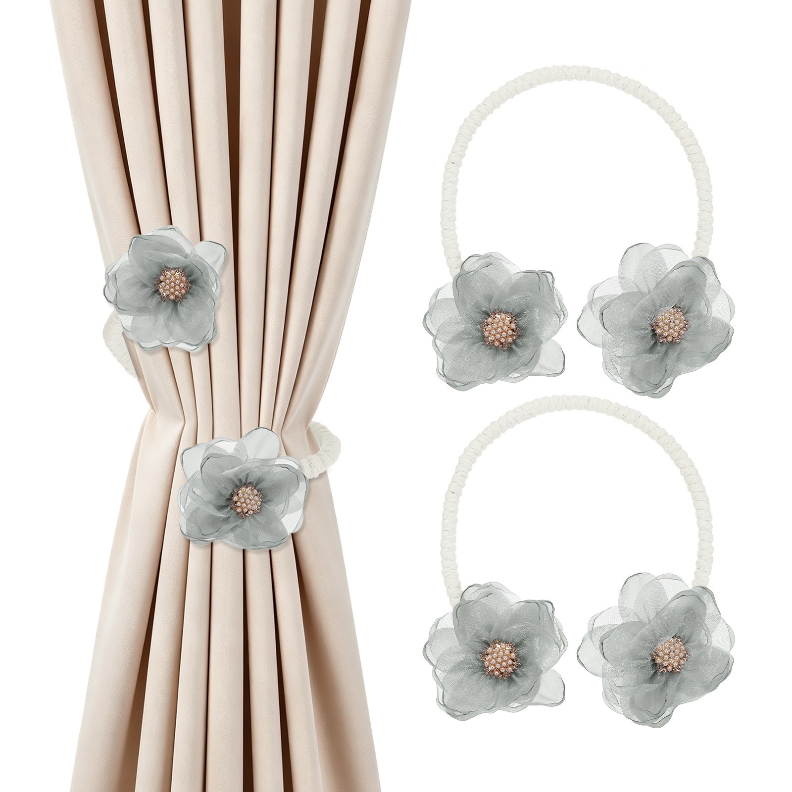 2Pcs Flower Curtain Tiebacks, 2 Flower 45cm Twist Holdbacks Clip, Gray