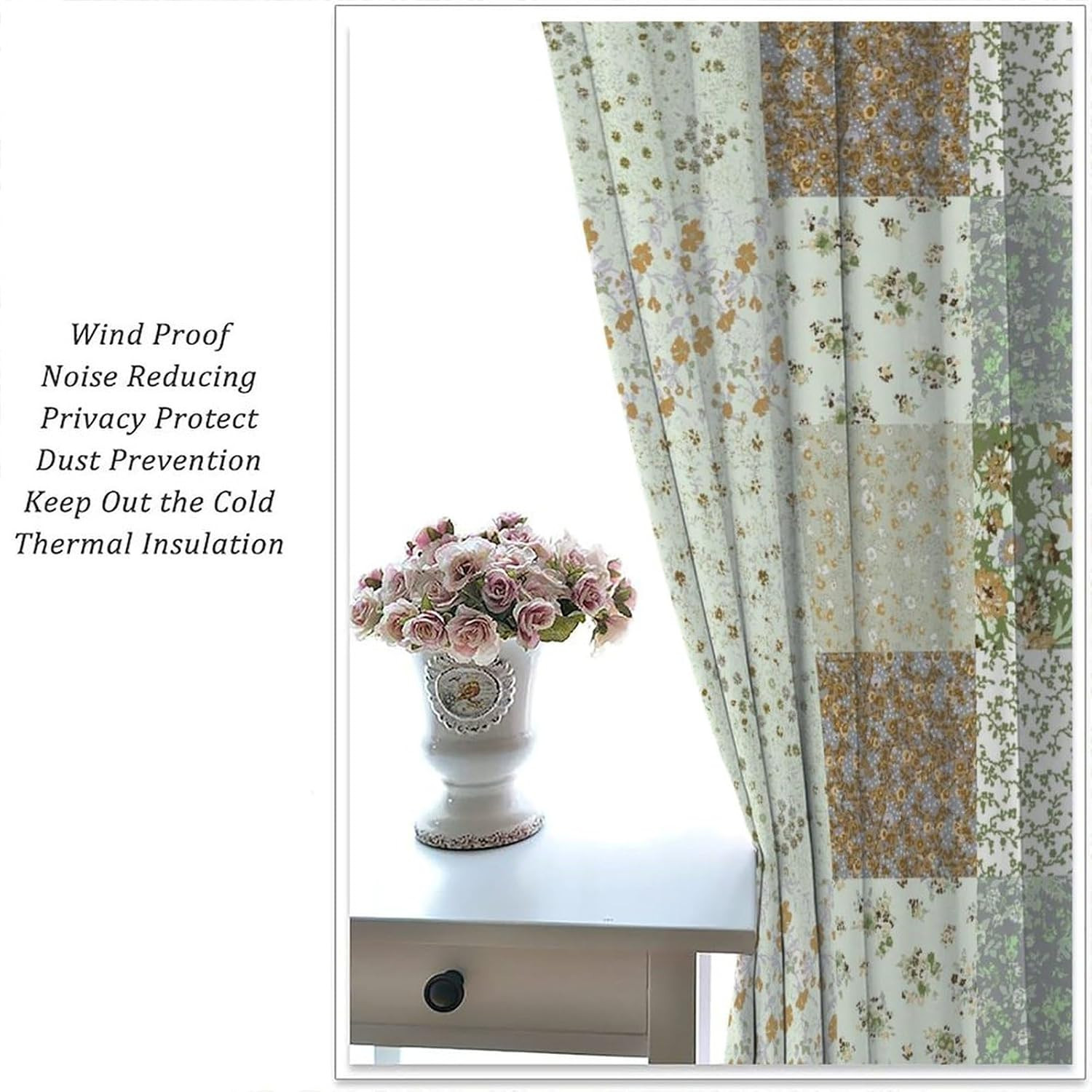 Boho Floral Patchwork Curtains, Green Farmhouse Patchwork Quilted Country Check