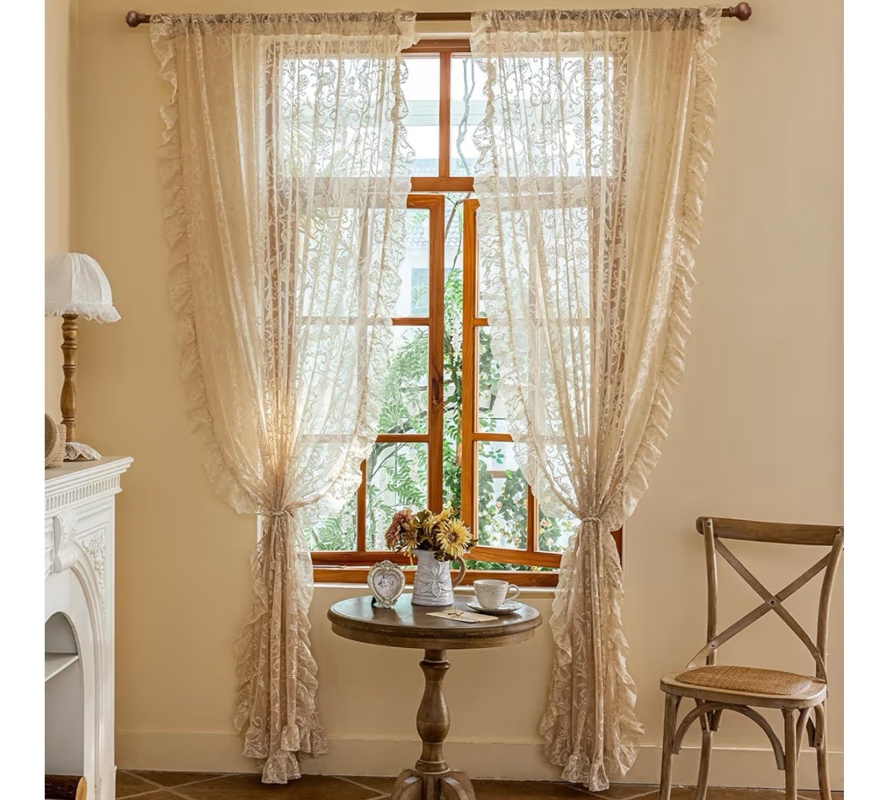 TEDECO beige bohemian curtains 59×96” translucent lace curtains elegant floral