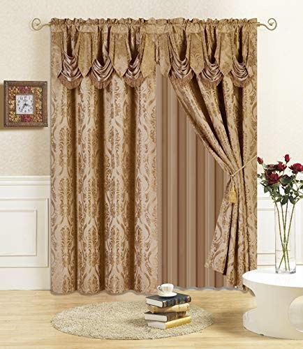 4-Piece Drape Set with Attached Valance & Sheer, 96″ Length, Taupe, 2 Tie Backs