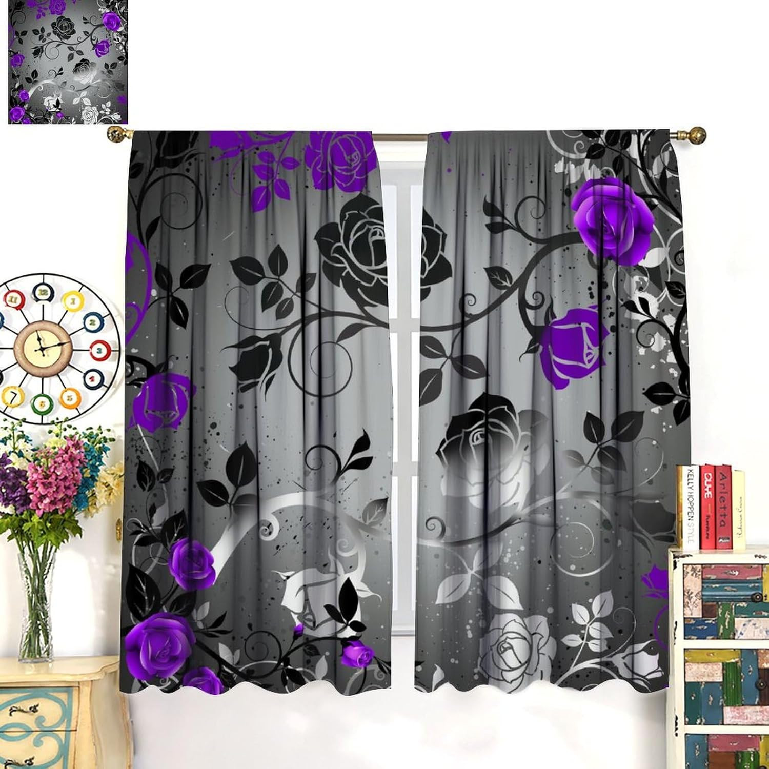Abstract Grey Purple Rose Floral Curtains Romantic Modern Flower Black Leaves fo