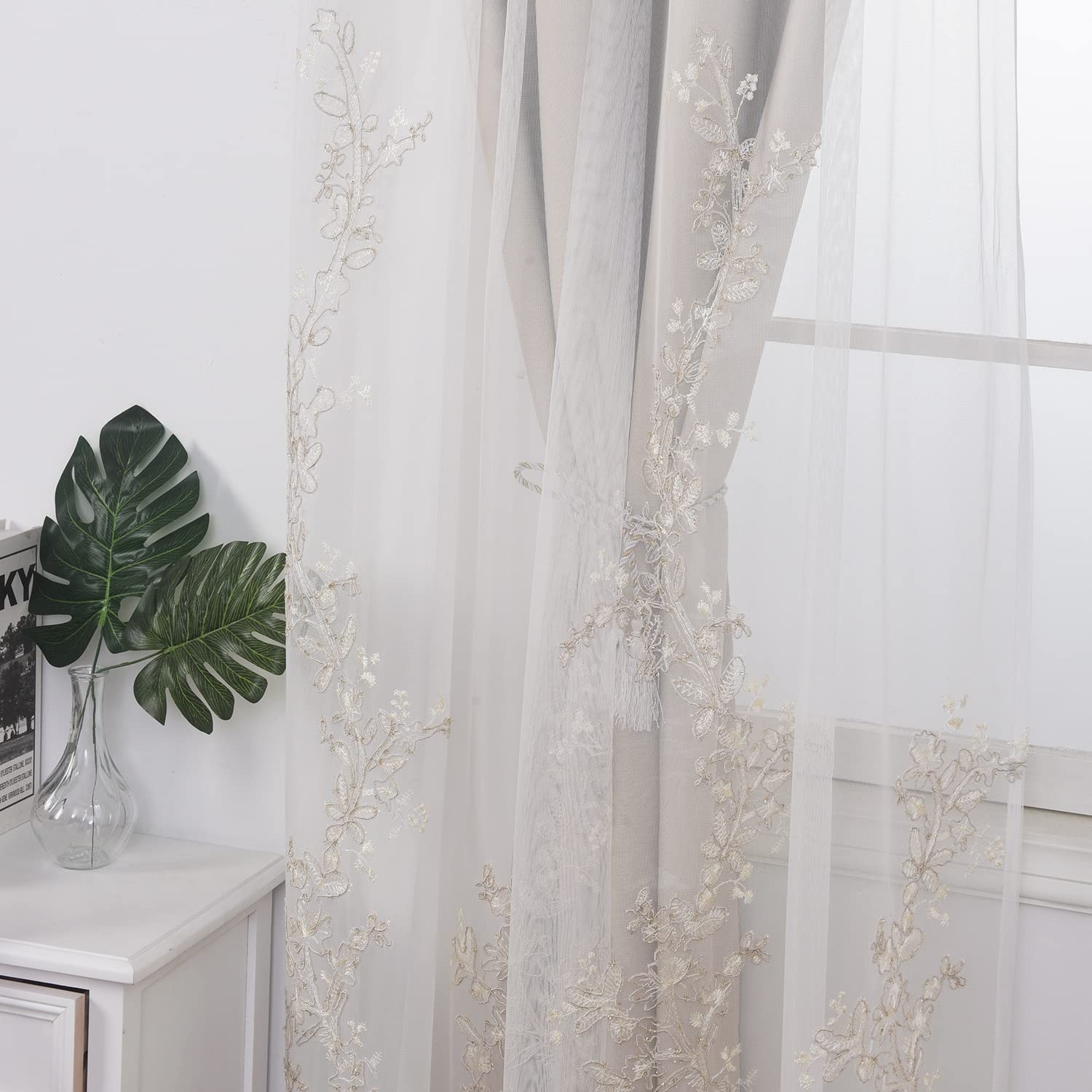 Double Layered Curtains with Embroidered White Sheer Tulle, Mix and Match Cur…