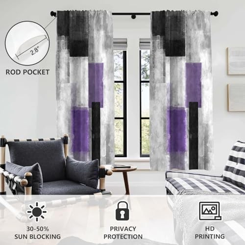 Window Curtain Black and White Grey Gray 42″W x 63″L (Pack of 2) Purple
