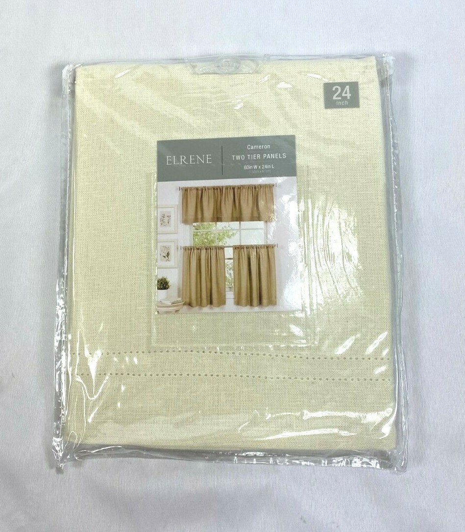 Elrene Beige Cameron Two Tier Rod-Pocket Curtain Panels, 60″x24″