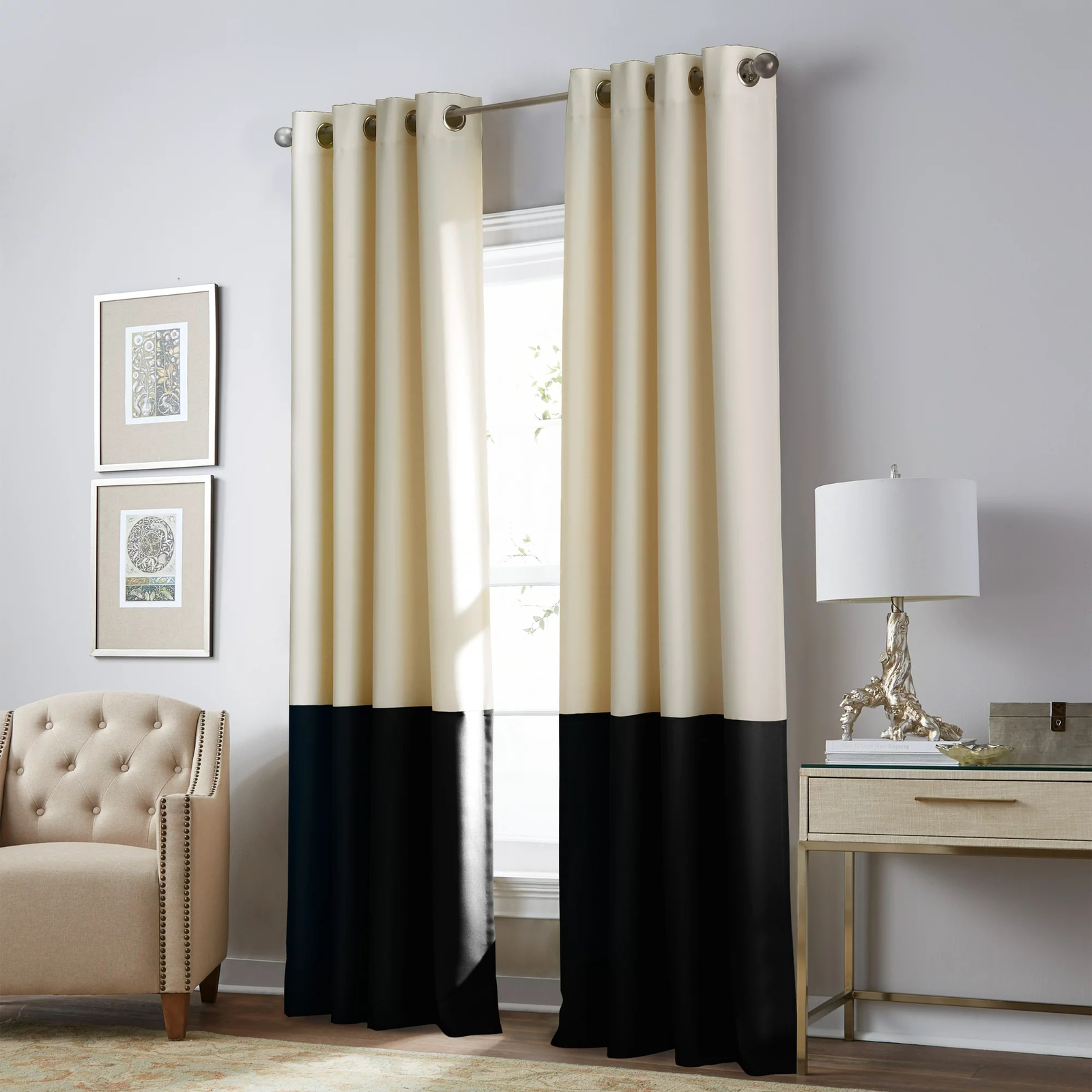 Set 2 Faux Silk Cream Black Curtains Panels Drapes 63 84 95 108 120 in L Grommet