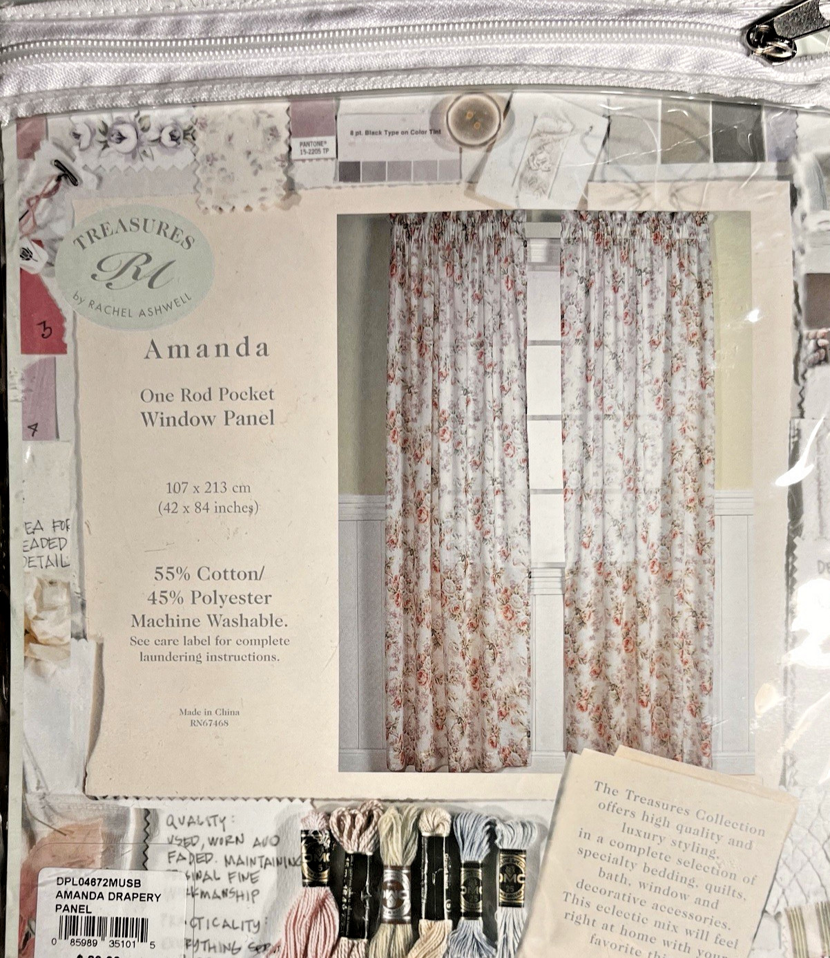 VTG Rachel Ashwell Treasures Sage Toile Drapery Panel 42×84 Roses NEW IN PACKAGE
