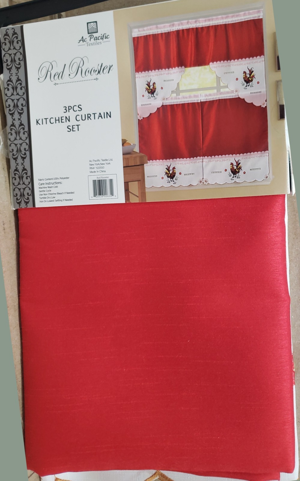 3pc. Embroidery Curtains Set: 2 Tiers & Swag, MULTICOLOR ROOSTER,RED ROOSTER,ACP