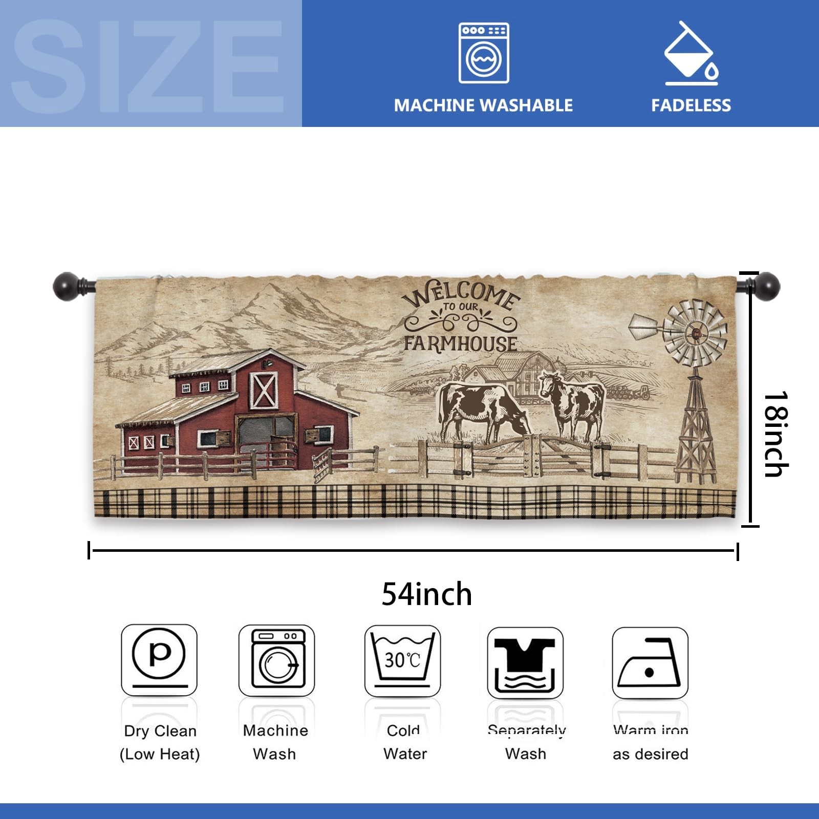 Farmhouse Farm Rustic Kitchen Curtain Valance 54W x 18L Inch Vintage Country Cow