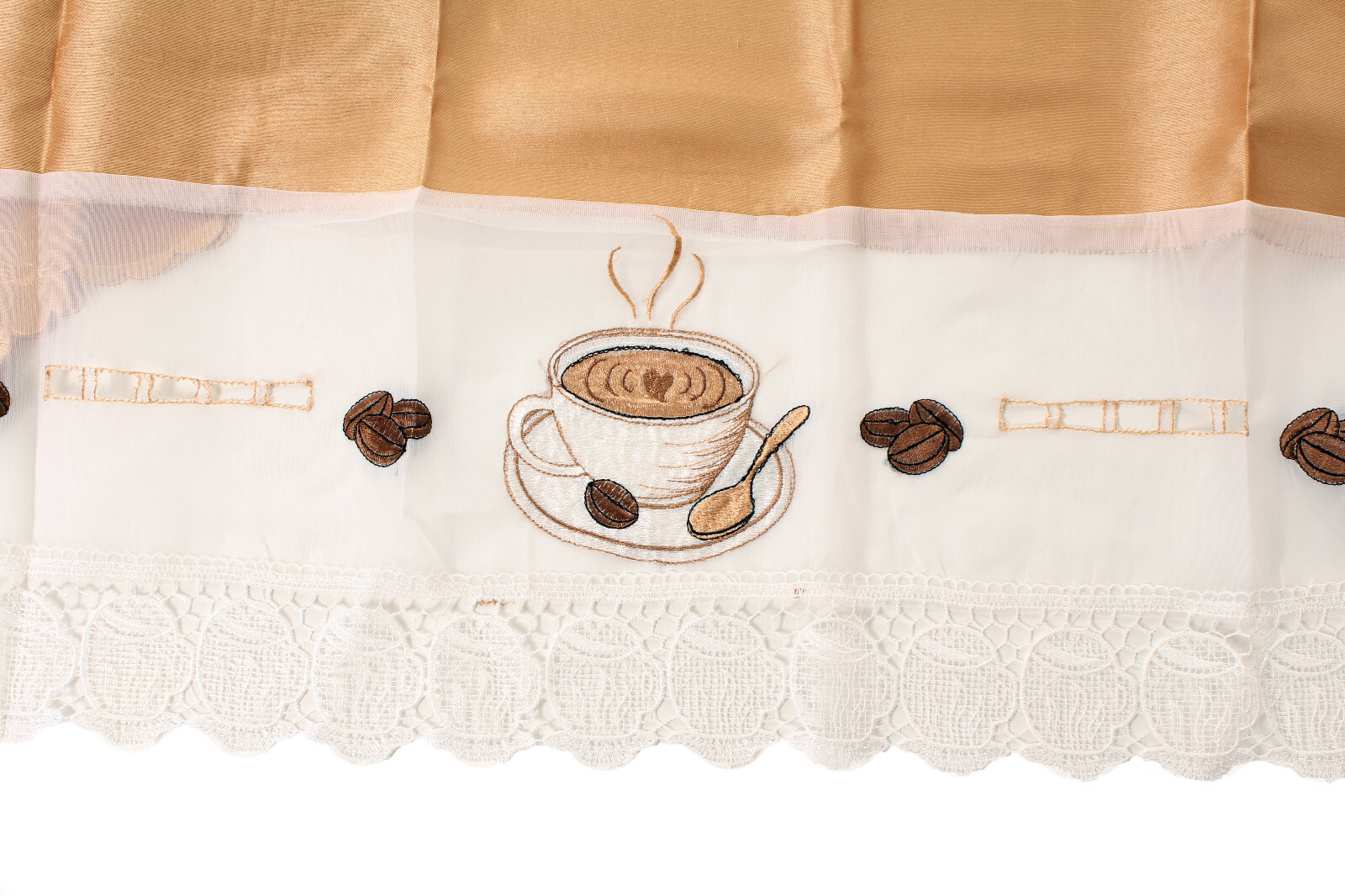 Coffee Cup Macrame Design Kitchen Curtain with Swag and Tier Set 36 inch Gold