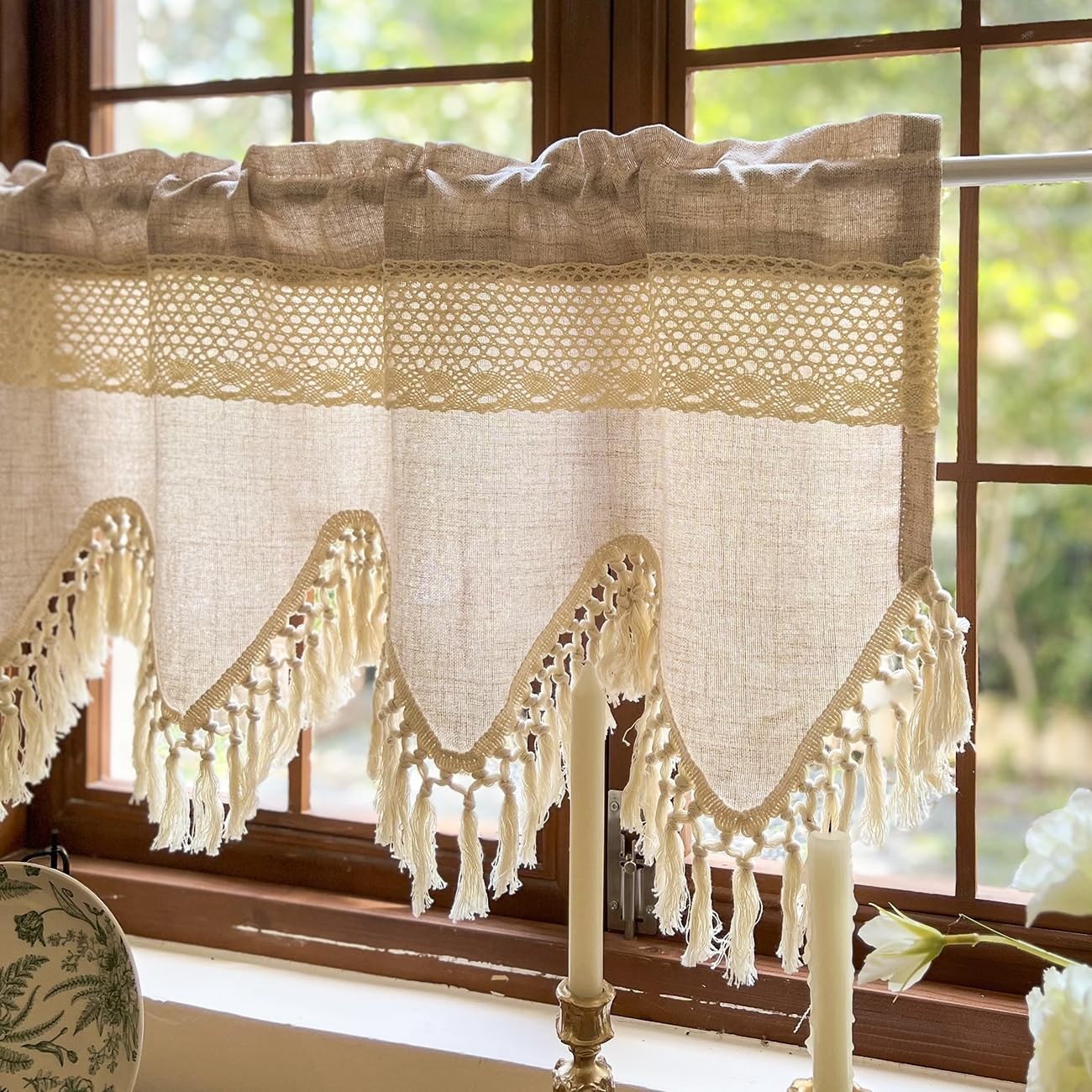 Boho Crochet Lace Valances for Windows Kitchen Macrame Linen Sheer Valances w…