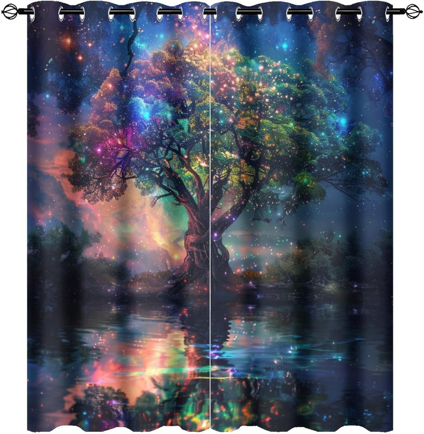 Tree of Life Fantasy Grommet Blackout Curtains for Bedroom, Colorful Galaxy Jung