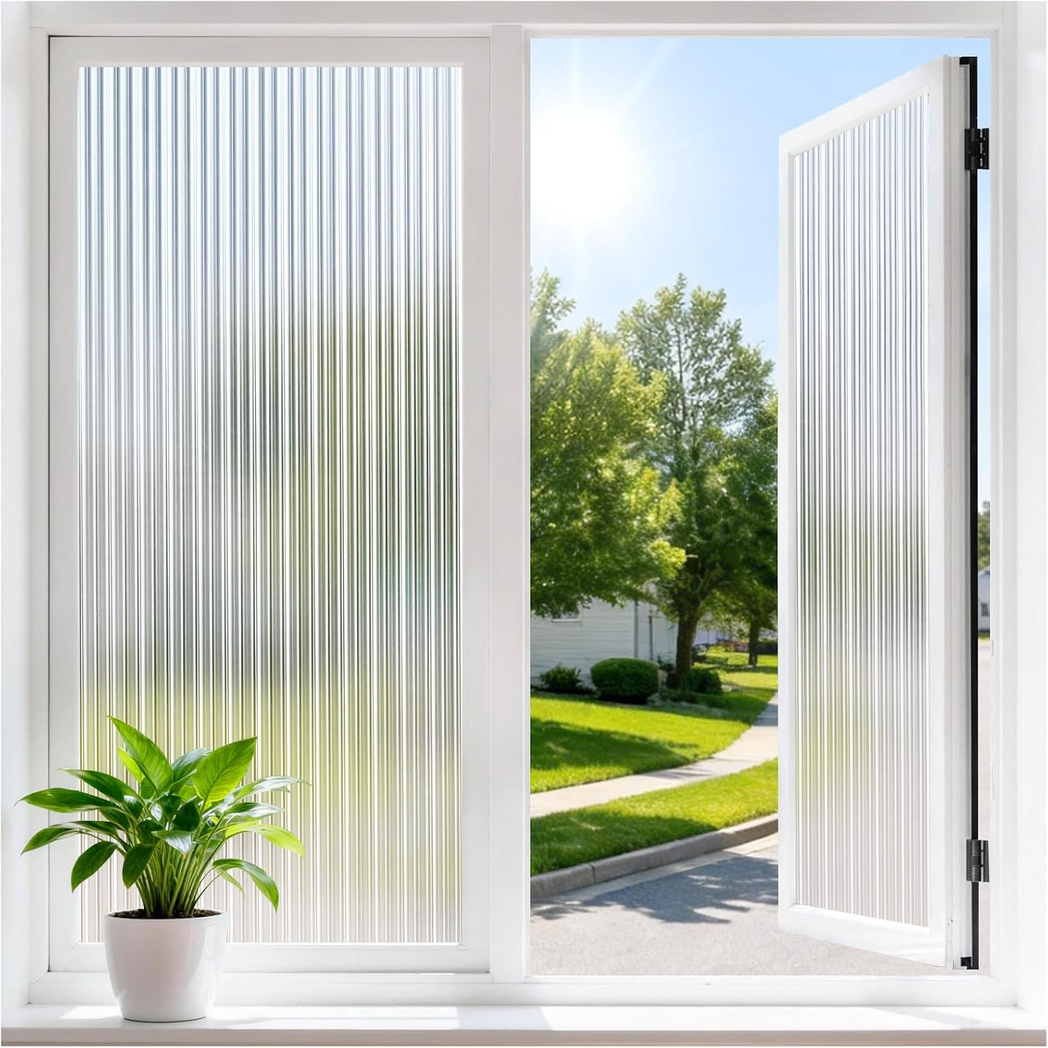 Reeded Glass Window Privacy Film, Static Cling Non-Adhesive Frosted Film, UV Blo