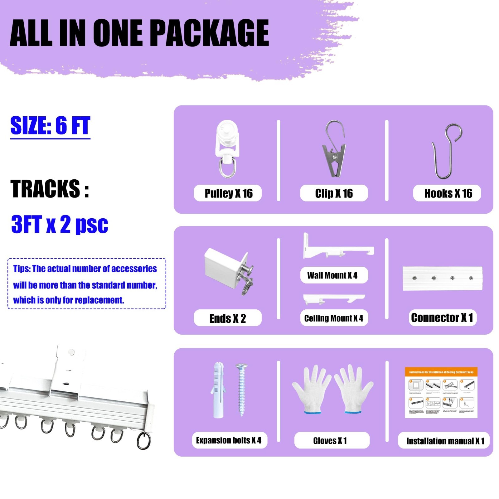 Heavy Duty Ceiling Wall Mount Curtain Track Rail System with Rollers & Hooks – R