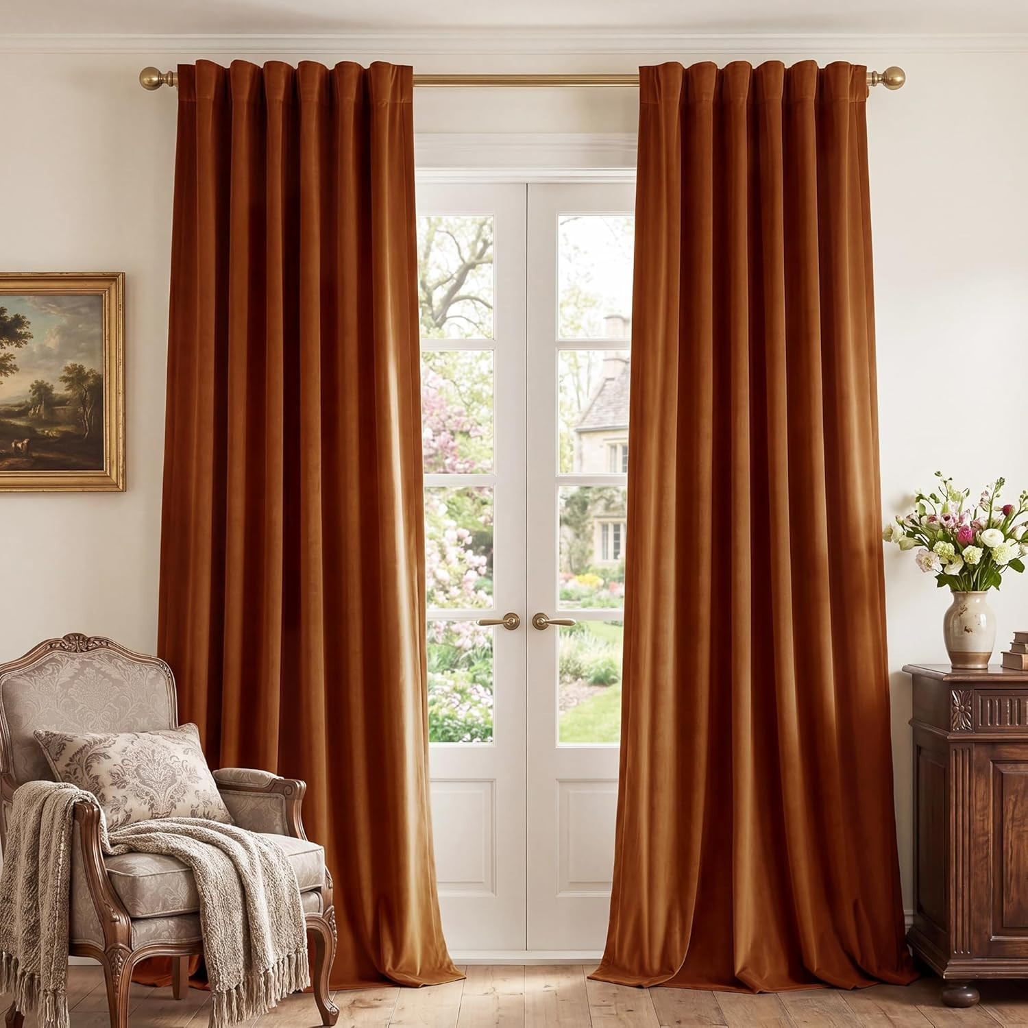 Burnt Orange Velvet Blackout Curtains 52×108 2 Panels Back Tab Drapes