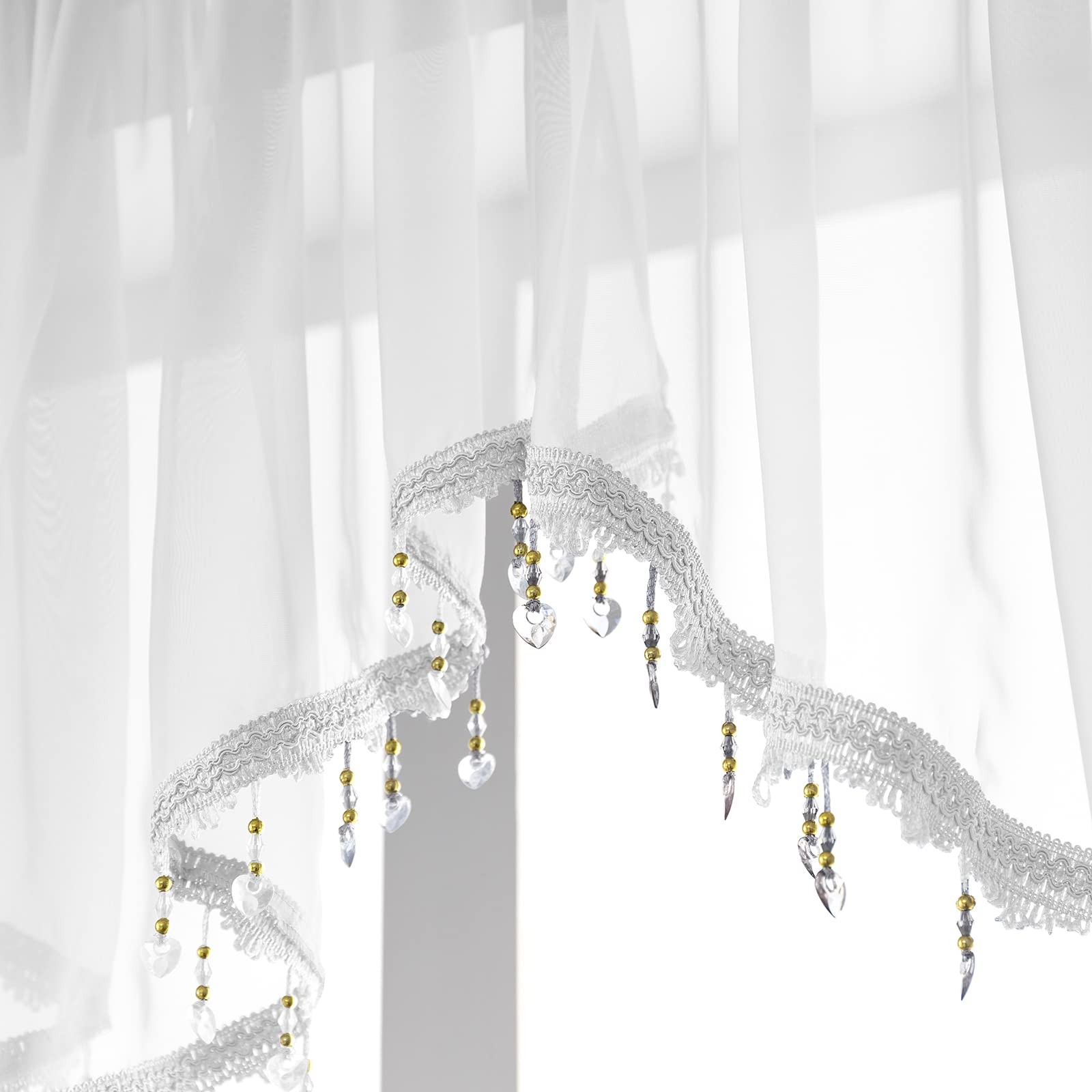 Beaded Triangle Sheer Valance Curtains for Living Room,Rod Pocket Farmhouse W…
