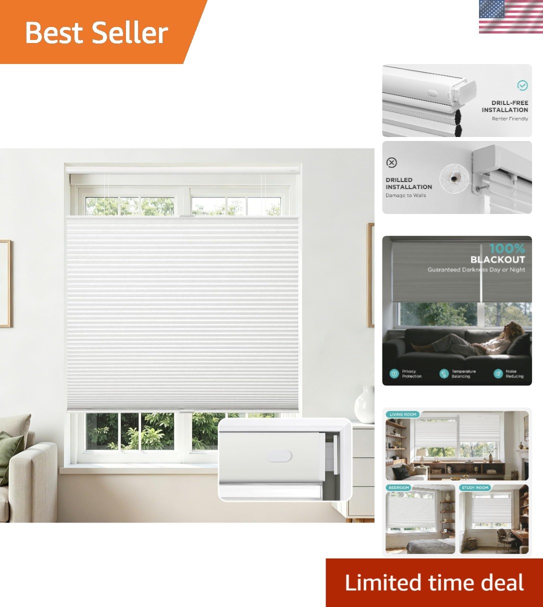 32″ W x 64″ H Thermal Insulated Blackout Blinds – Noise Reduction White Shades