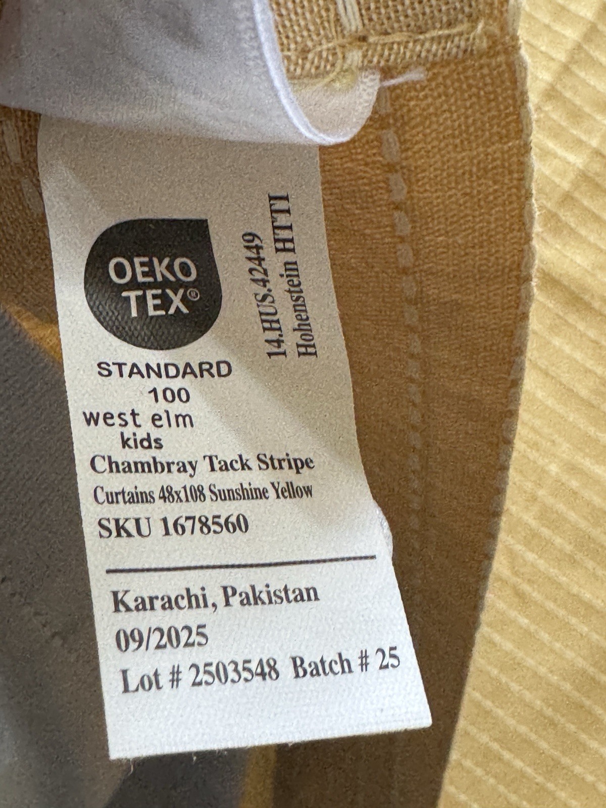 New West Elm Kids Chambray Tack Stripe Blackout Curtain, 48 x 108 Yellow, FLAW