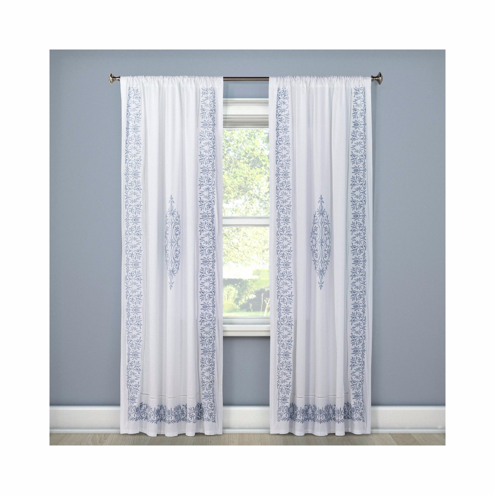 Simply Shabby Chic White Blue Embroidered Floral Eyelet Curtain Panel Drape