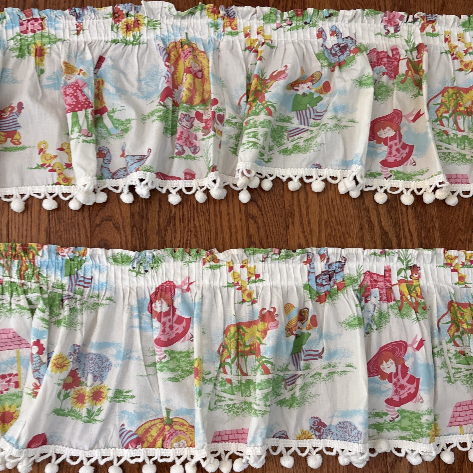 Vtg Kids Novelty Storybook Valance Lot 2 Handmade Rod Pocket Pom Pom Trim Retro
