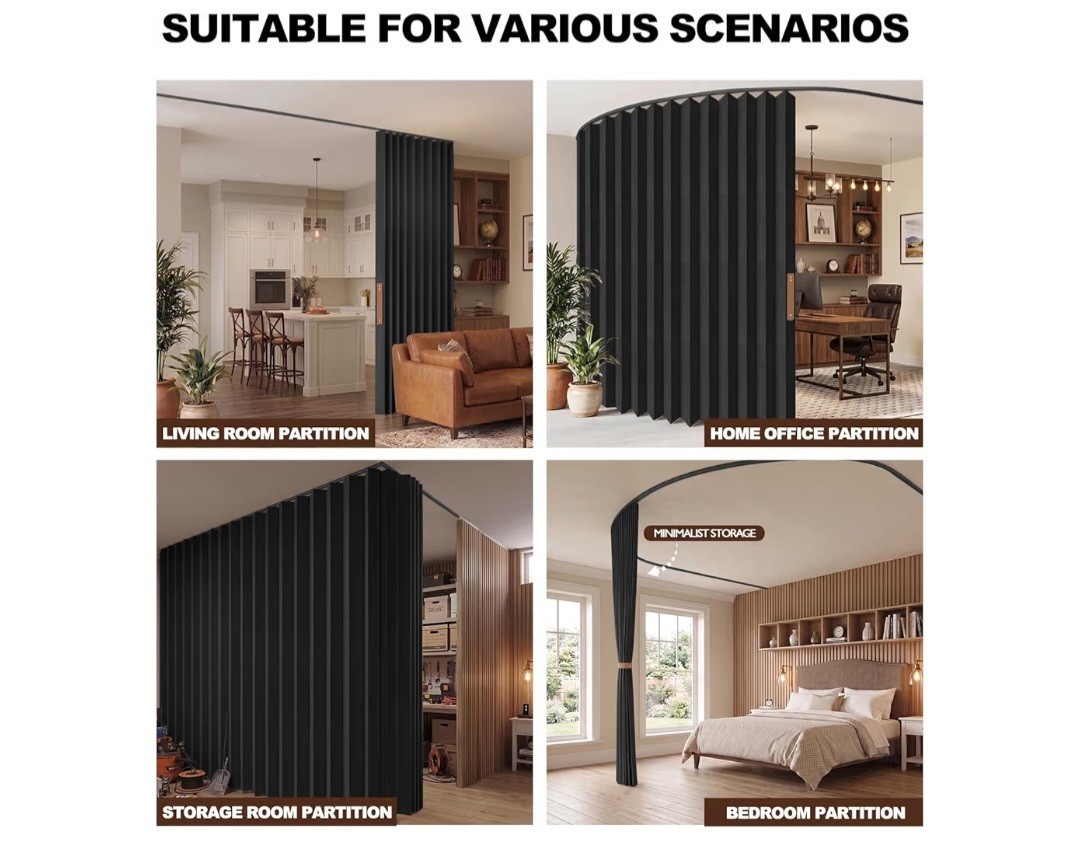 Jilron Room Divider Curtain-Black Fabric-100″x108″-Flexible Curtain Track-NEWSLD