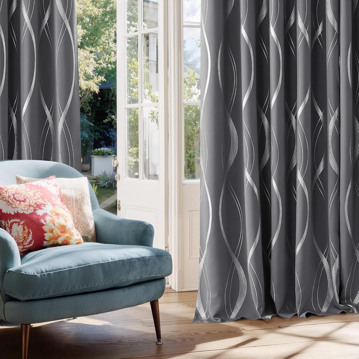 Grey Blackout Striped Pattern Curtains for Living Room 84 Inch Long 2 Panels Set