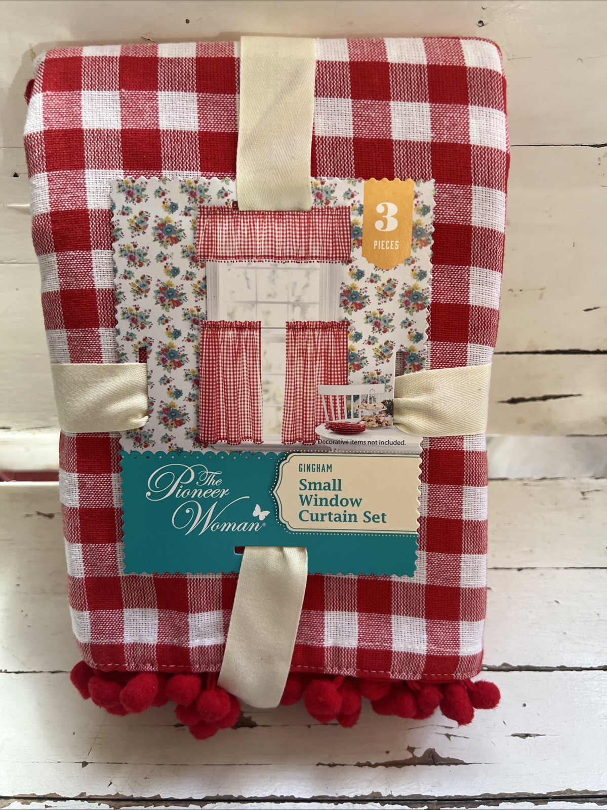 The Pioneer Woman Red Gingham Small Window 3 Piece Tier Valance Curtain Set NEW
