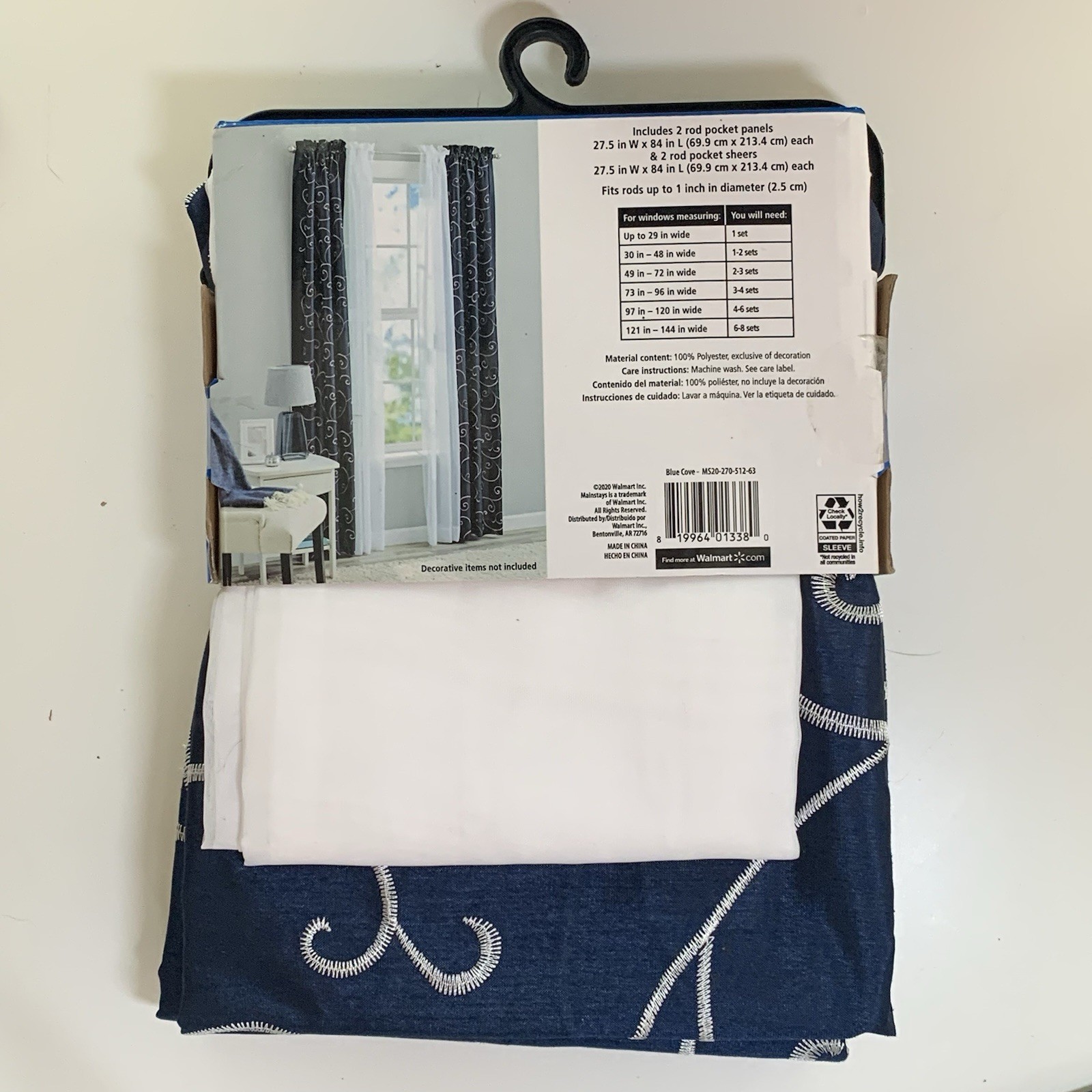 MAINSTAYS 84 Inch WINDOW CURTAIN 4 Piece Set-NAVY w/EMBROIDERY