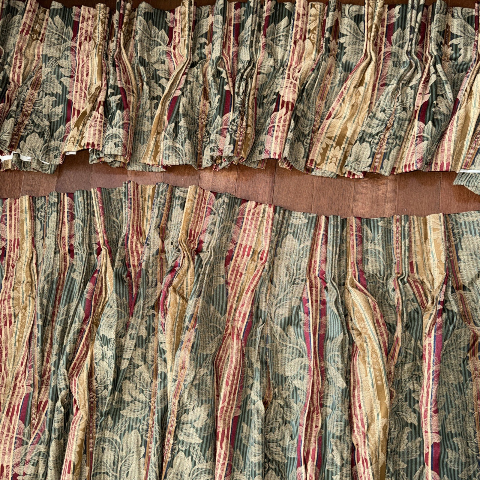Pair Pinch Pleat Lined 2 Drapes 56Wx84L Brocade-Striped Red Green + 112” Valance