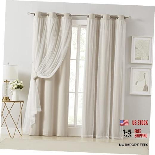 90% Blackout Curtains with Sheer Overlay Mix and 37″W x 84″L (Pack of 2) Beige