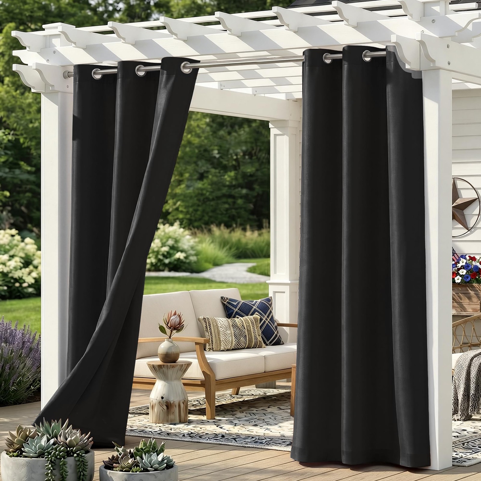 Sunshelf 6pk Outdoor Grommet Curtains, Waterproof, Light Filtering, 37×84 Black