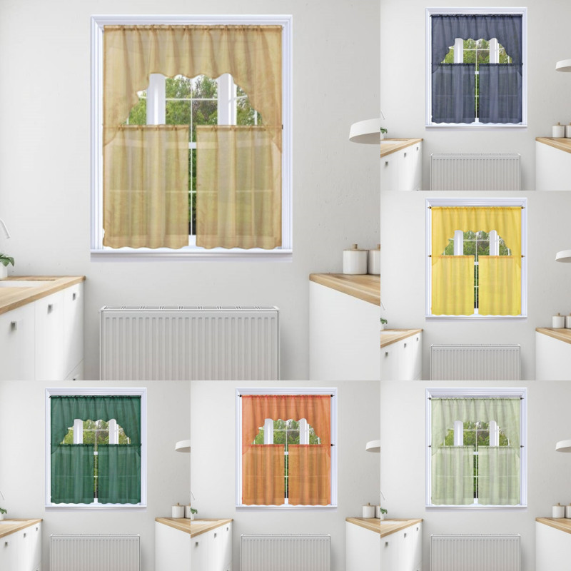 3pc Sheer Voile Kitchen Set Window Curtain See Thru 2 Tier Panels + 1 Valance