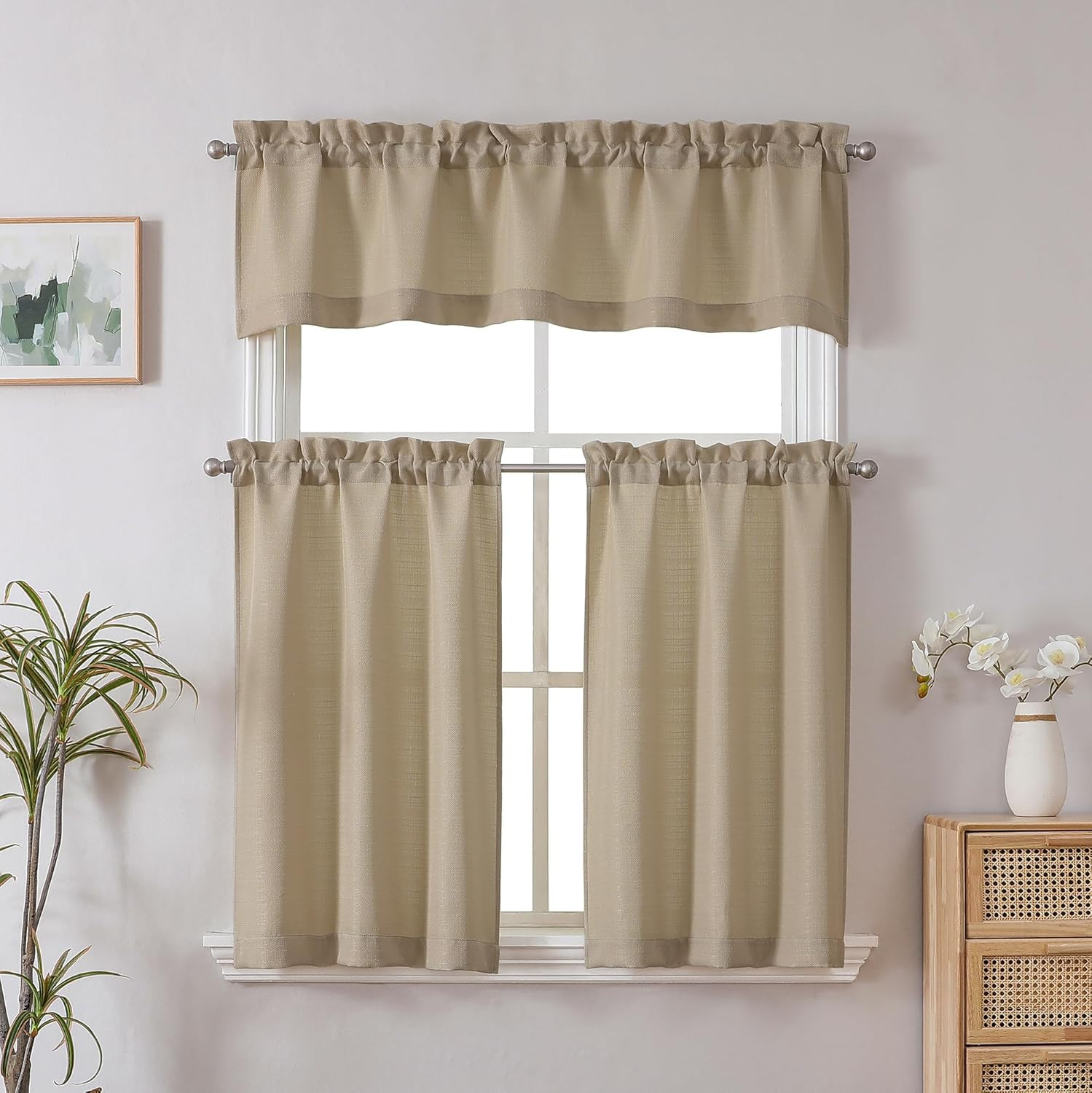 2 Panels Camel Kitchen Curtains 36 Inch Length Tier Curtains, Faux Linen Texture